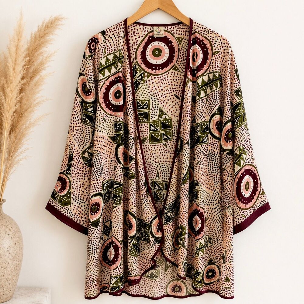 Freestyle Boho Kimono Cardigan L Open Front Rayon Tribal Festival Art Print